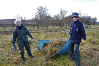 Volunteers raking grass