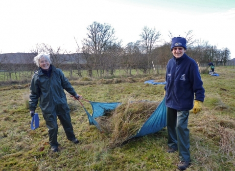 Volunteers raking grass