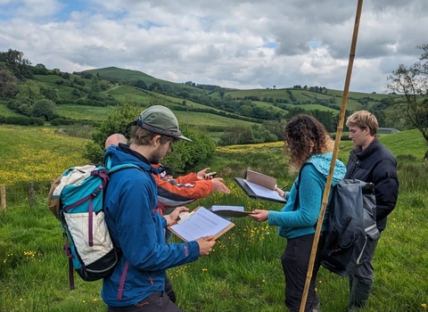 Interns and trainees standing in a field conducting survey